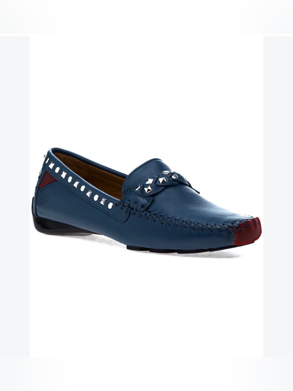 Robert Zur Blue Leather Studded Driving Loafers with Red Toe